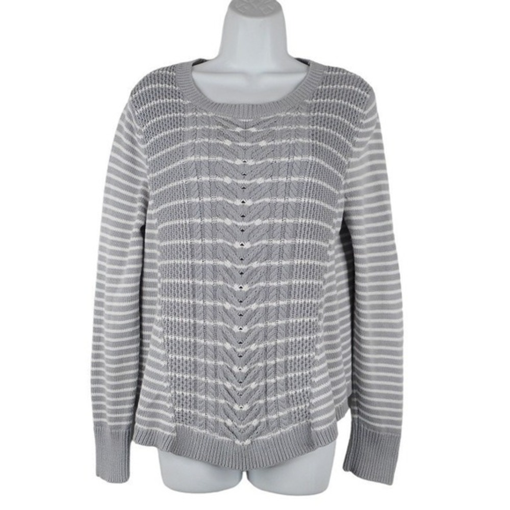 Cupio Womens Pullover‎ Sweater Large Gray White Long Sleeve Striped Knit Neutral